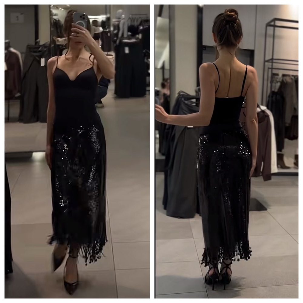 NEW. ZARA 🖤 SEQUIN LONG SKIRT - Picture 7 of 15